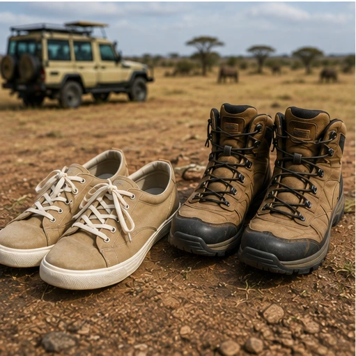 Sturdy closed-toe trainers for 4x4 vehicle game drives vs lightweight hiking boots for walking safaris